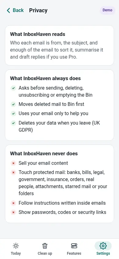 Privacy screen listing what InboxHaven always does and never does.
